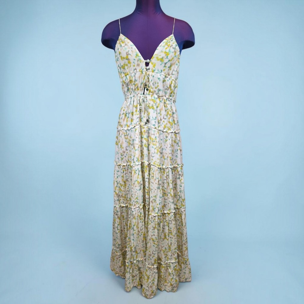 French Connection Yellow Green Floral Tiered Maxi Dress Cotton Size 6 Boho